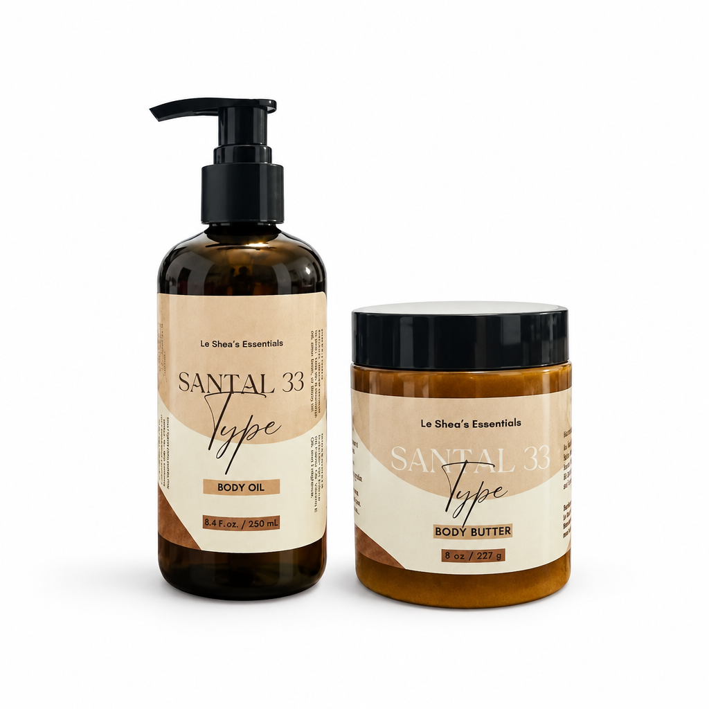 Santal bundle image using your attached body oil and body butter photos